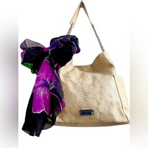 Donald J. Pliner Beige/Silver Genuine Snakeskin Tote Bag 16 x 12  & Floral Scarf